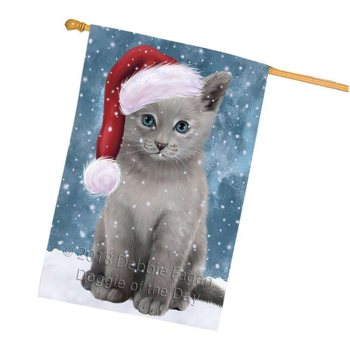 Let it Snow Christmas Holiday Russian Blue Cat Wearing Santa Hat House Flag FLG54520