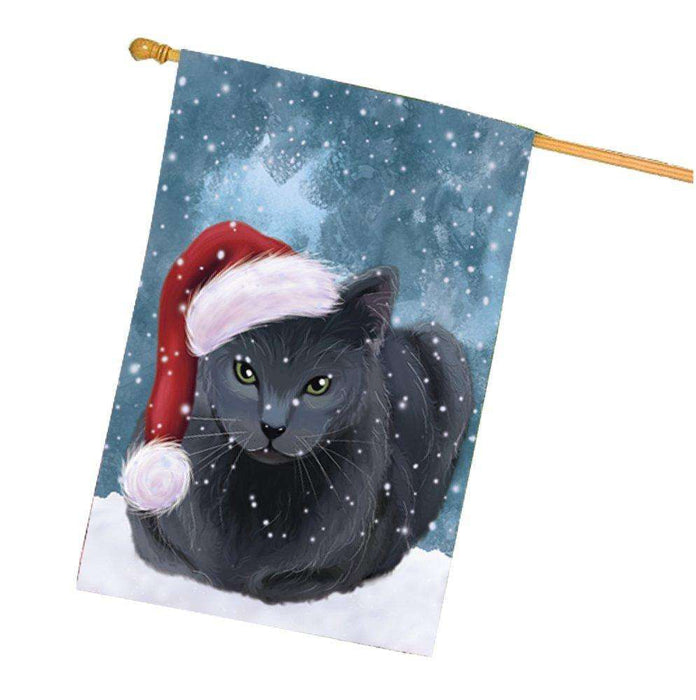 Let it Snow Christmas Holiday Russian Blue Cat Wearing Santa Hat House Flag