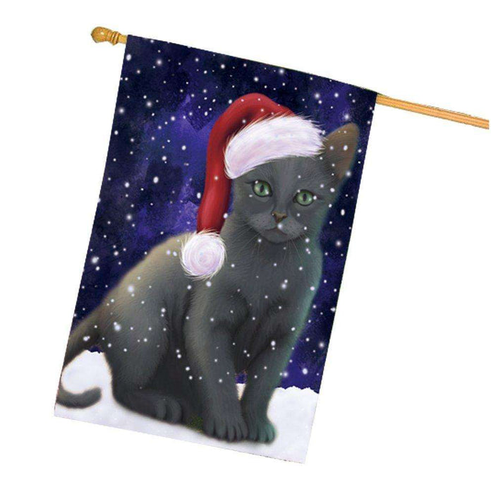 Let it Snow Christmas Holiday Russian Blue Cat Wearing Santa Hat House Flag