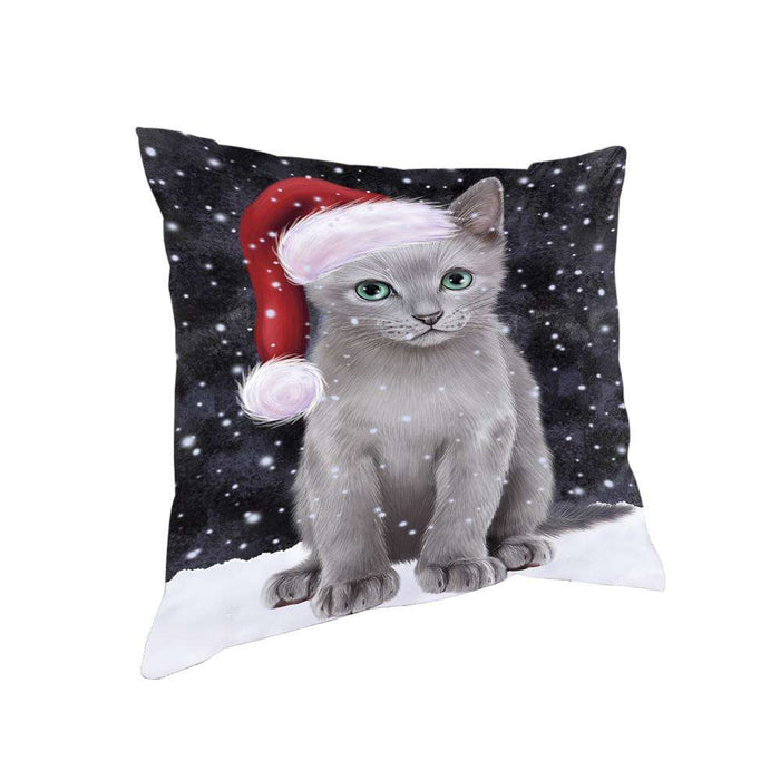 Let it Snow Christmas Holiday Russian Blue Cat Wearing Santa Hat Pillow PIL73904