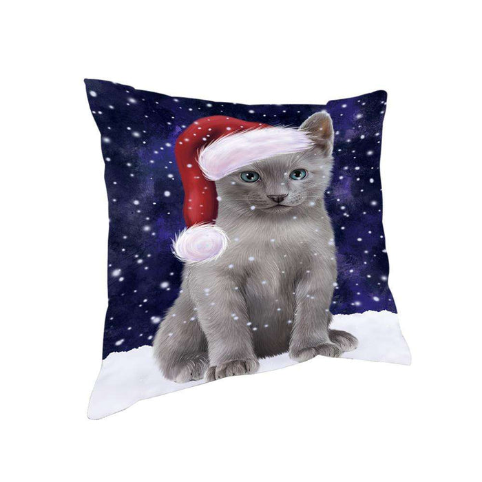 Let it Snow Christmas Holiday Russian Blue Cat Wearing Santa Hat Pillow PIL73908