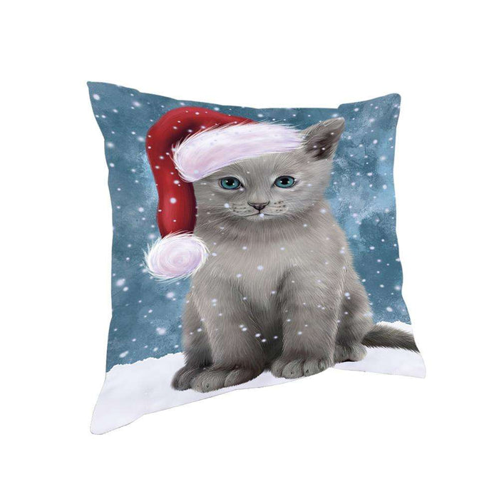 Let it Snow Christmas Holiday Russian Blue Cat Wearing Santa Hat Pillow PIL73912