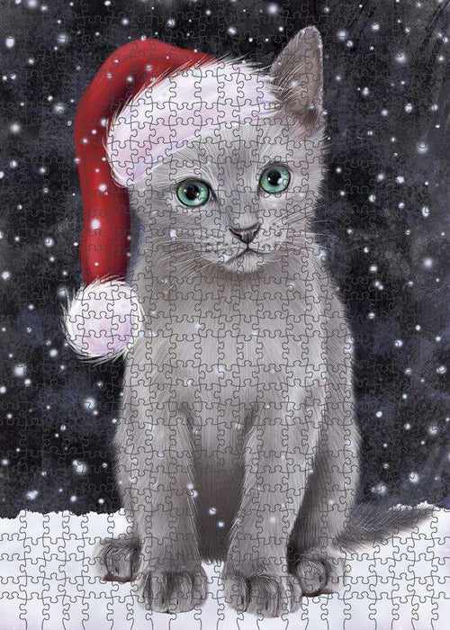 Let it Snow Christmas Holiday Russian Blue Cat Wearing Santa Hat Puzzle with Photo Tin PUZL84436