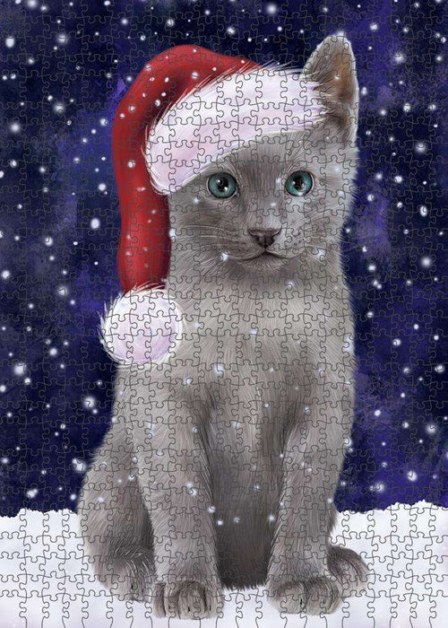 Let it Snow Christmas Holiday Russian Blue Cat Wearing Santa Hat Puzzle with Photo Tin PUZL84440