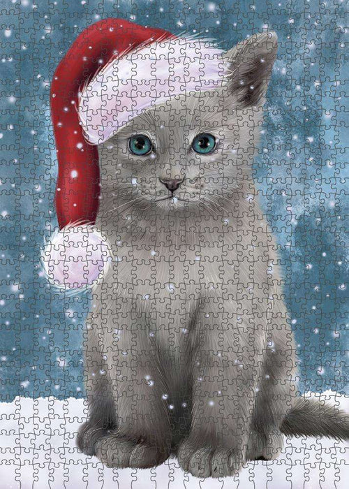 Let it Snow Christmas Holiday Russian Blue Cat Wearing Santa Hat Puzzle with Photo Tin PUZL84444