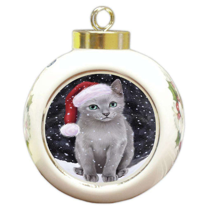 Let it Snow Christmas Holiday Russian Blue Cat Wearing Santa Hat Round Ball Christmas Ornament RBPOR54320