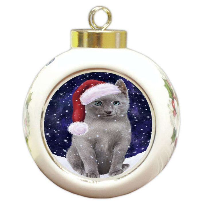 Let it Snow Christmas Holiday Russian Blue Cat Wearing Santa Hat Round Ball Christmas Ornament RBPOR54321