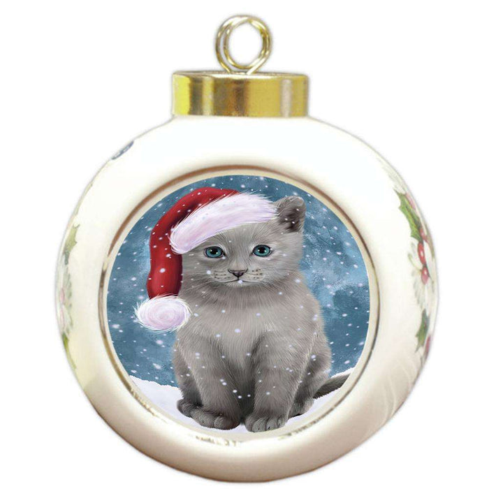 Let it Snow Christmas Holiday Russian Blue Cat Wearing Santa Hat Round Ball Christmas Ornament RBPOR54322