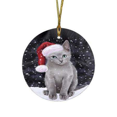 Let it Snow Christmas Holiday Russian Blue Cat Wearing Santa Hat Round Flat Christmas Ornament RFPOR54311