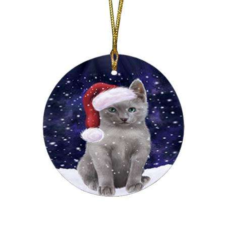 Let it Snow Christmas Holiday Russian Blue Cat Wearing Santa Hat Round Flat Christmas Ornament RFPOR54312