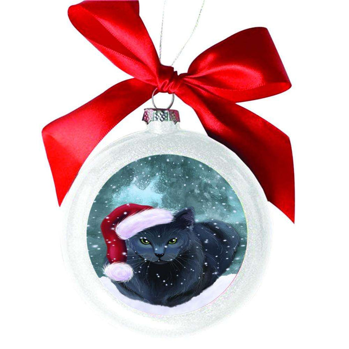 Let it Snow Christmas Holiday Russian Blue Cat White Round Ball Christmas Ornament WBSOR48700