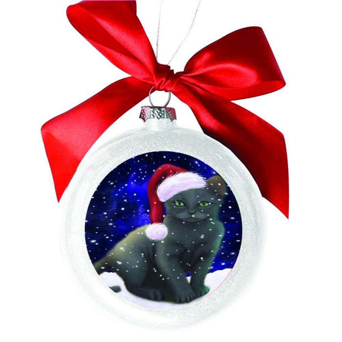 Let it Snow Christmas Holiday Russian Blue Cat White Round Ball Christmas Ornament WBSOR48701