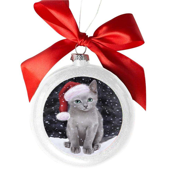 Let it Snow Christmas Holiday Russian Blue Cat White Round Ball Christmas Ornament WBSOR48961