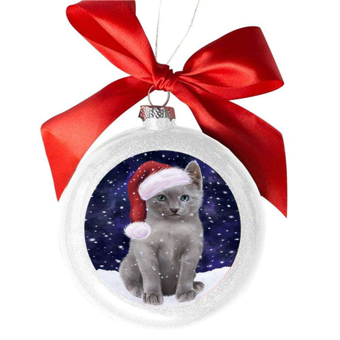 Let it Snow Christmas Holiday Russian Blue Cat White Round Ball Christmas Ornament WBSOR48962