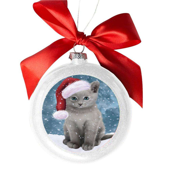 Let it Snow Christmas Holiday Russian Blue Cat White Round Ball Christmas Ornament WBSOR48963