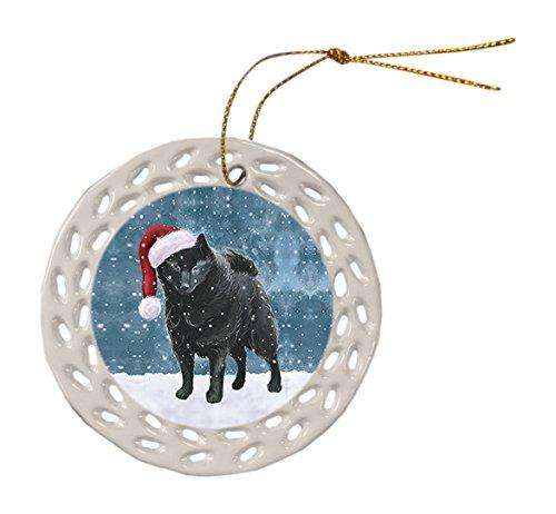 Let it Snow Christmas Holiday Schipperke Dog Wearing Santa Hat Ceramic Doily Ornament D028
