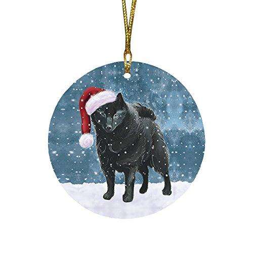 Let it Snow Christmas Holiday Schipperke Dog Wearing Santa Hat Round Ornament D236