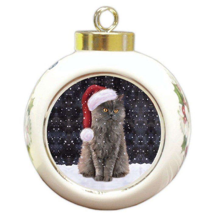 Let it Snow Christmas Holiday Selkirk Rex Cat Wearing Santa Hat Round Ball Ornament D237