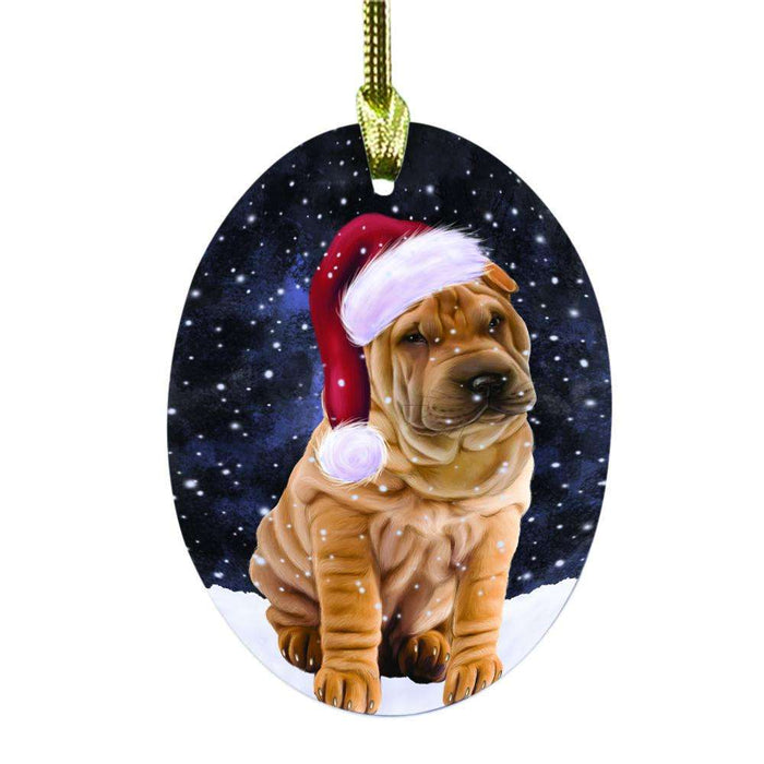 Let it Snow Christmas Holiday Shar Pei Dog Oval Glass Christmas Ornament OGOR48712