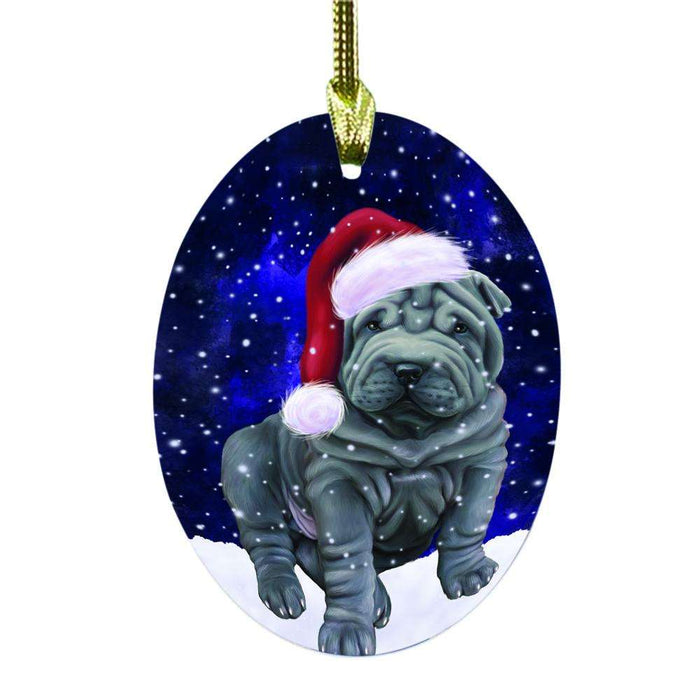 Let it Snow Christmas Holiday Shar Pei Dog Oval Glass Christmas Ornament OGOR48713