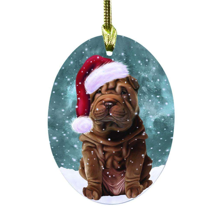 Let it Snow Christmas Holiday Shar Pei Dog Oval Glass Christmas Ornament OGOR48714