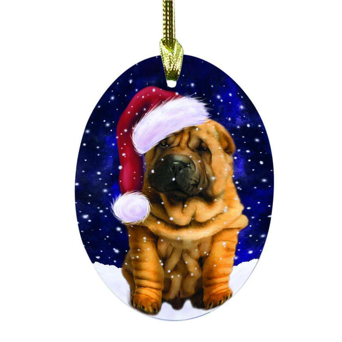 Let it Snow Christmas Holiday Shar Pei Dog Oval Glass Christmas Ornament OGOR48715