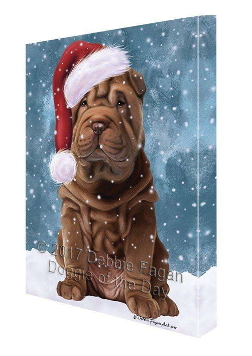 Let it Snow Christmas Holiday Shar Pei Dog Wearing Santa Hat Canvas Wall Art
