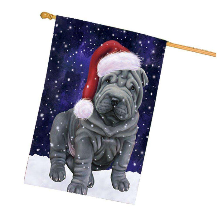 Let it Snow Christmas Holiday Shar Pei Dog Wearing Santa Hat House Flag