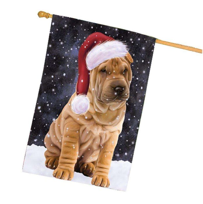 Let it Snow Christmas Holiday Shar Pei Dog Wearing Santa Hat House Flag