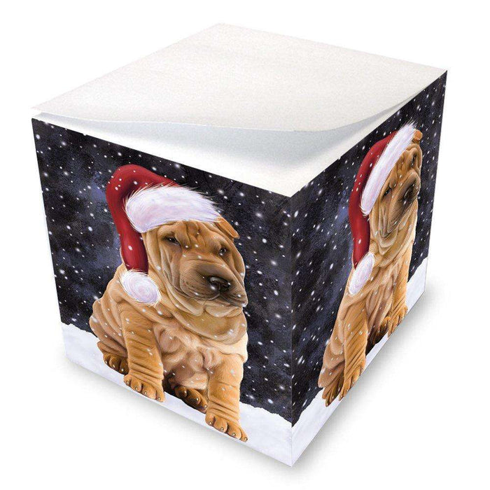 Let it Snow Christmas Holiday Shar Pei Dog Wearing Santa Hat Note Cube D356