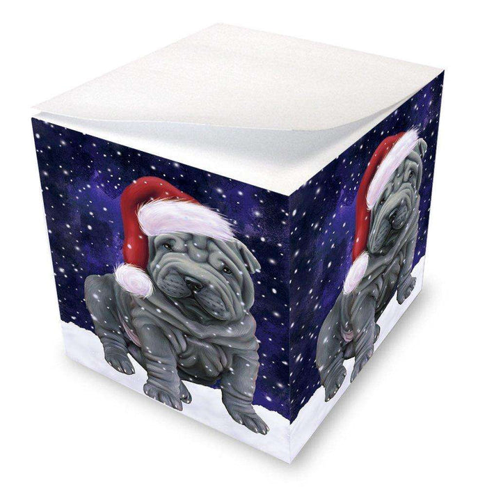 Let it Snow Christmas Holiday Shar Pei Dog Wearing Santa Hat Note Cube D357