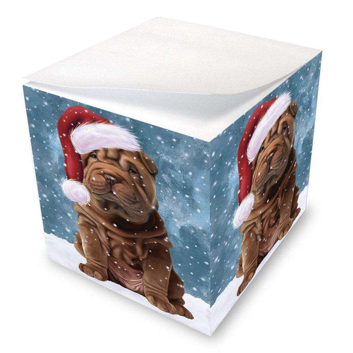 Let it Snow Christmas Holiday Shar Pei Dog Wearing Santa Hat Note Cube D358