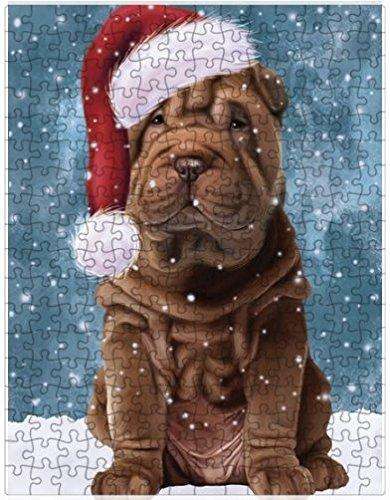 Let it Snow Christmas Holiday Shar Pei Dog Wearing Santa Hat Puzzle with Photo Tin D416