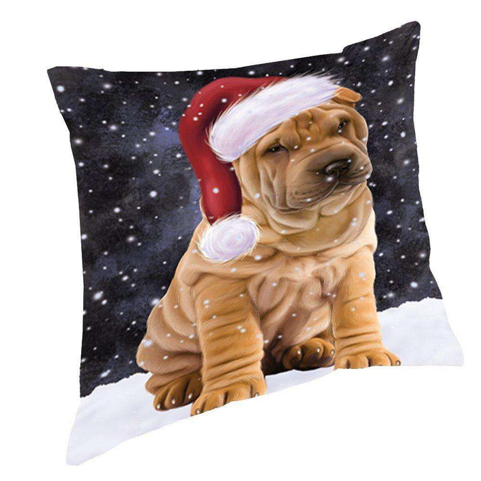 Let it Snow Christmas Holiday Shar Pei Dog Wearing Santa Hat Throw Pillow