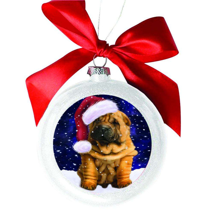 Let it Snow Christmas Holiday Shar Pei Dog White Round Ball Christmas Ornament WBSOR48715