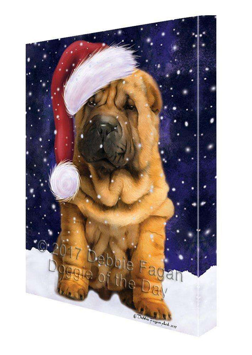Let it Snow Christmas Holiday Shar Pei Puppy Dog Wearing Santa Hat Canvas Wall Art