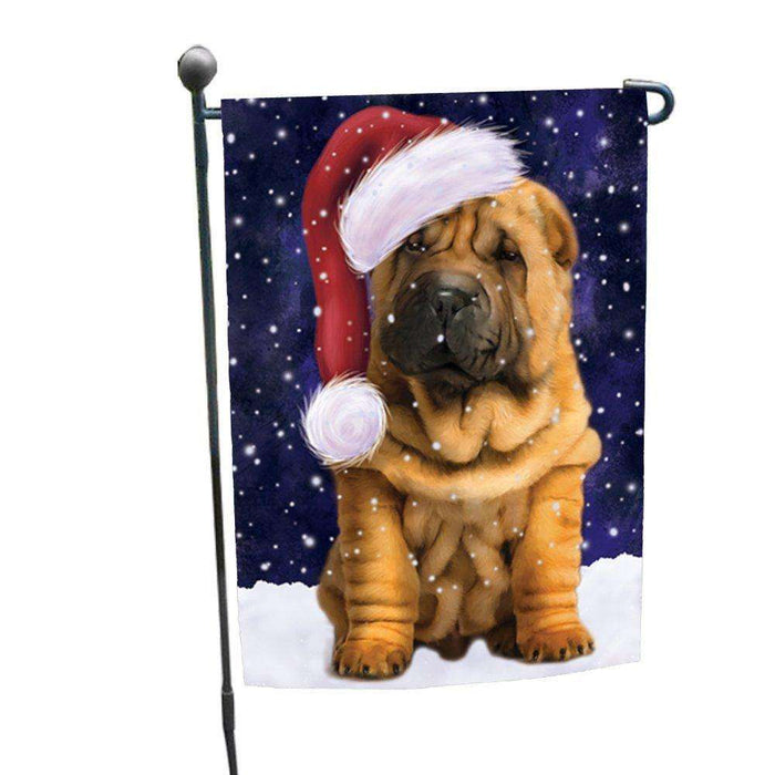 Let it Snow Christmas Holiday Shar Pei Puppy Dog Wearing Santa Hat Garden Flag