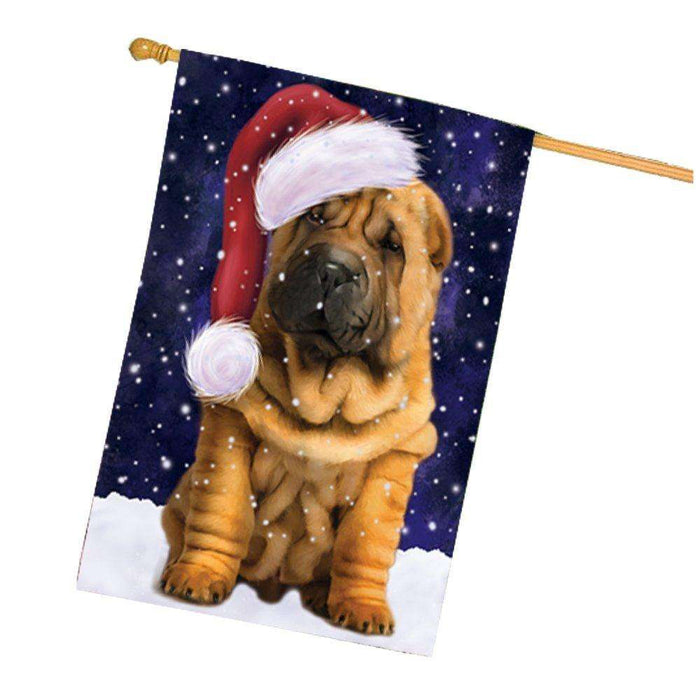 Let it Snow Christmas Holiday Shar Pei Puppy Dog Wearing Santa Hat House Flag