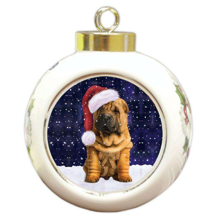 Let it Snow Christmas Holiday Shar Pei Puppy Dog Wearing Santa Hat Round Ball Ornament D238