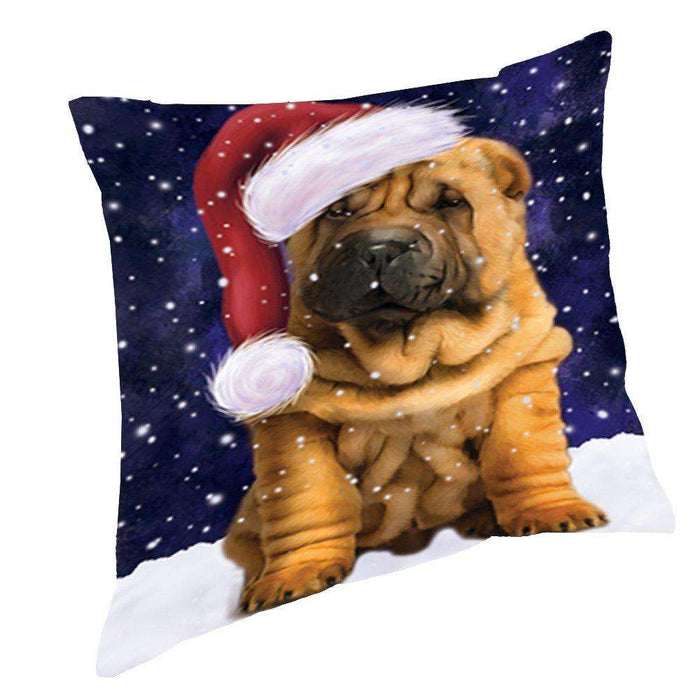 Let it Snow Christmas Holiday Shar Pei Puppy Dog Wearing Santa Hat Throw Pillow D396