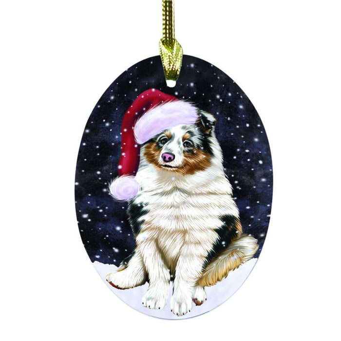 Let it Snow Christmas Holiday Shetland Sheepdog Oval Glass Christmas Ornament OGOR48716