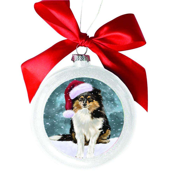 Let it Snow Christmas Holiday Shetland Sheepdog White Round Ball Christmas Ornament WBSOR48718