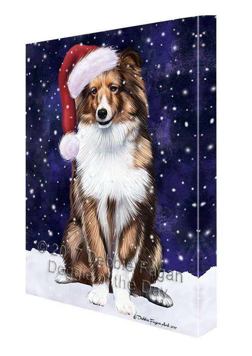 Let it Snow Christmas Holiday Shetland Sheepdogs Dog Wearing Santa Hat Canvas Wall Art
