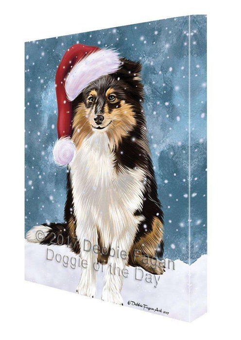 Let it Snow Christmas Holiday Shetland Sheepdogs Dog Wearing Santa Hat Canvas Wall Art
