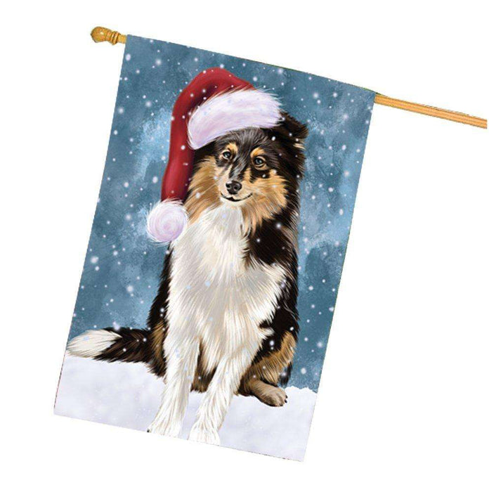 Let it Snow Christmas Holiday Shetland Sheepdogs Dog Wearing Santa Hat House Flag