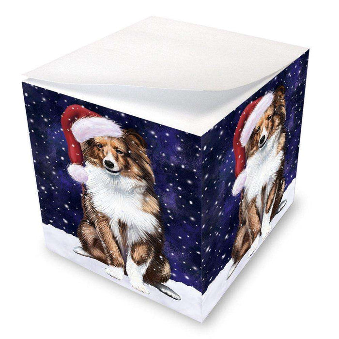 Let it Snow Christmas Holiday Shetland Sheepdogs Dog Wearing Santa Hat Note Cube D360