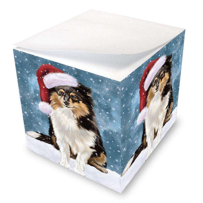 Let it Snow Christmas Holiday Shetland Sheepdogs Dog Wearing Santa Hat Note Cube D361