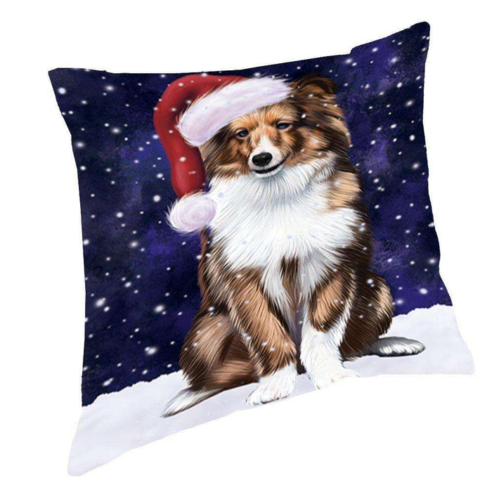 Let it Snow Christmas Holiday Shetland Sheepdogs Dog Wearing Santa Hat Throw Pillow