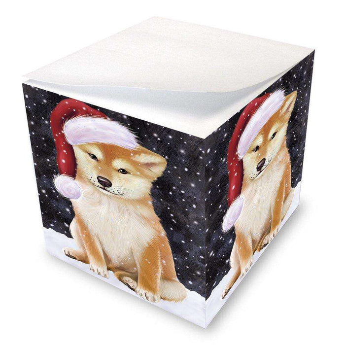 Let it Snow Christmas Holiday Shiba Inu Dog Wearing Santa Hat Note Cube D362