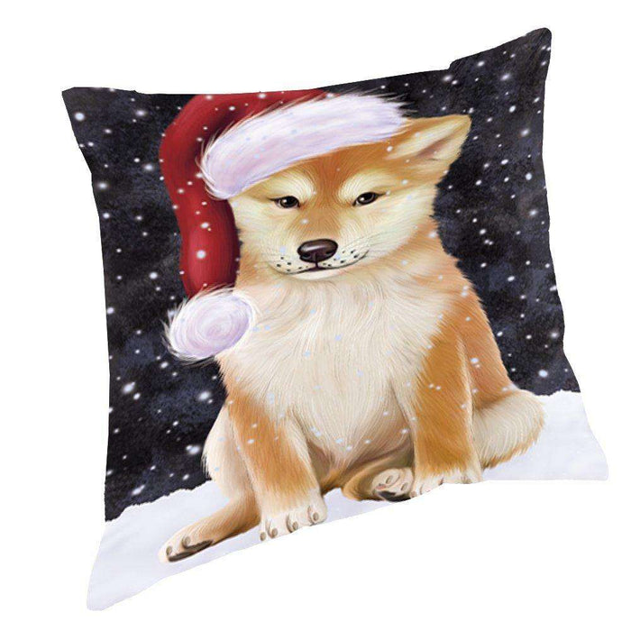Let it Snow Christmas Holiday Shiba Inu Dog Wearing Santa Hat Throw Pillow